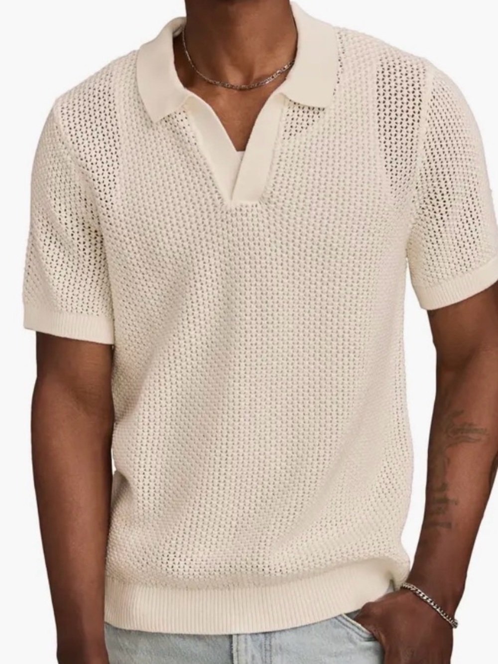 Lucky Brand Johnny Collar Pointelle Open-Knit Polo Sweater